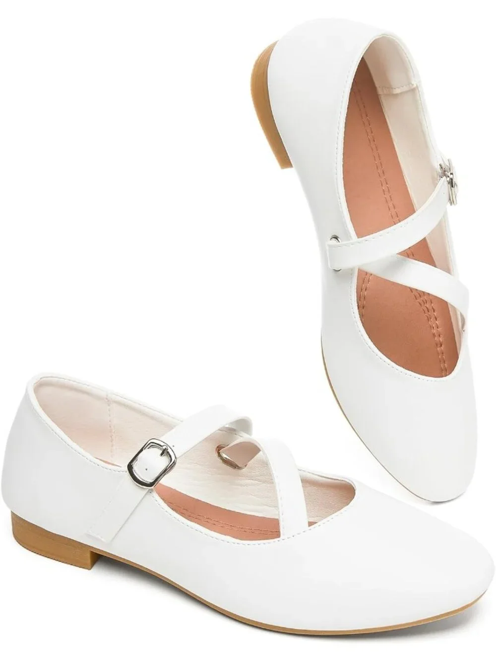 Women's All White Mary Janes with Cross Strap Soft Memory Foam Flats Shoes